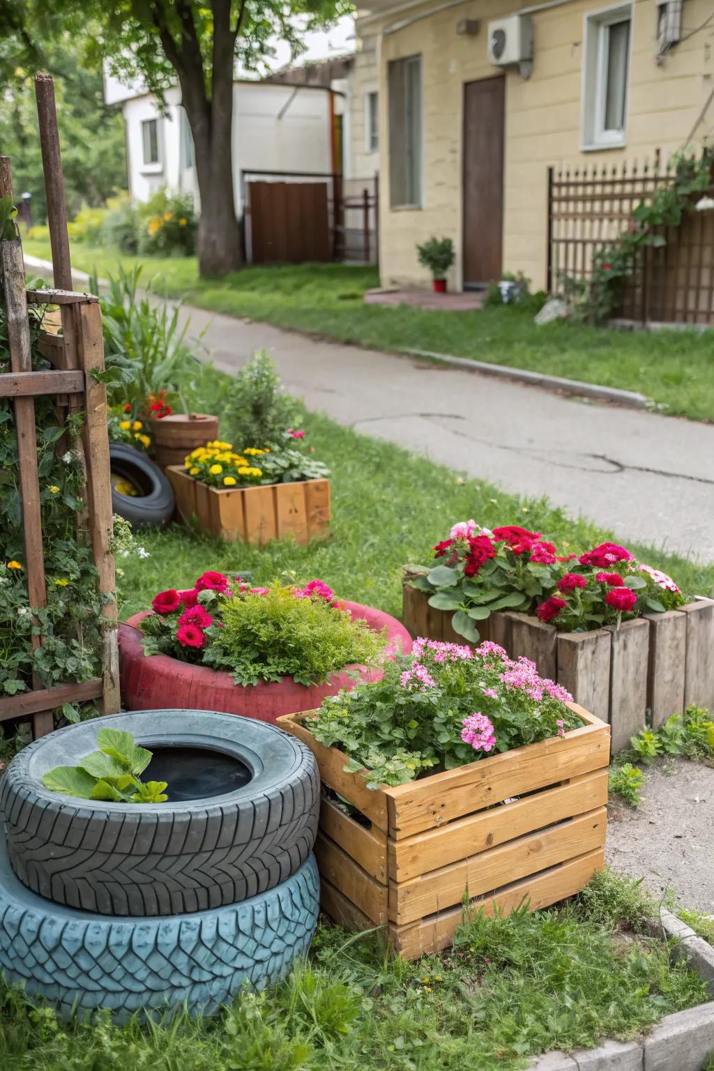 Repurposed items make unique planters.
