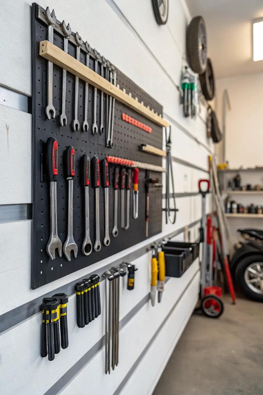 Magnetic strips provide a practical storage solution for metal tools.