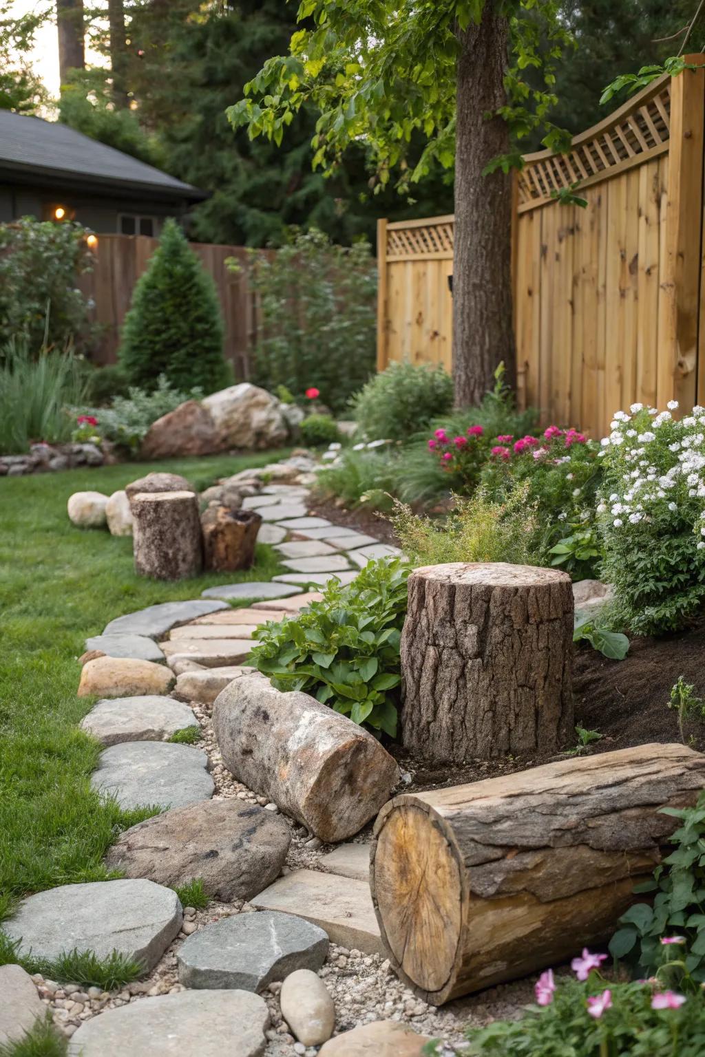 Stones and logs adding a natural touch to the garden.