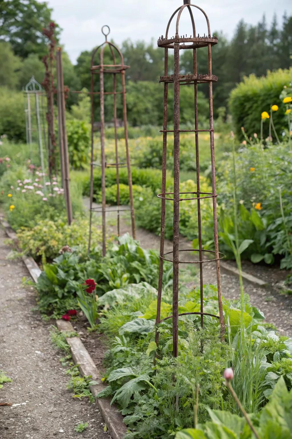 Metal supports guiding plants to grow tall and strong.