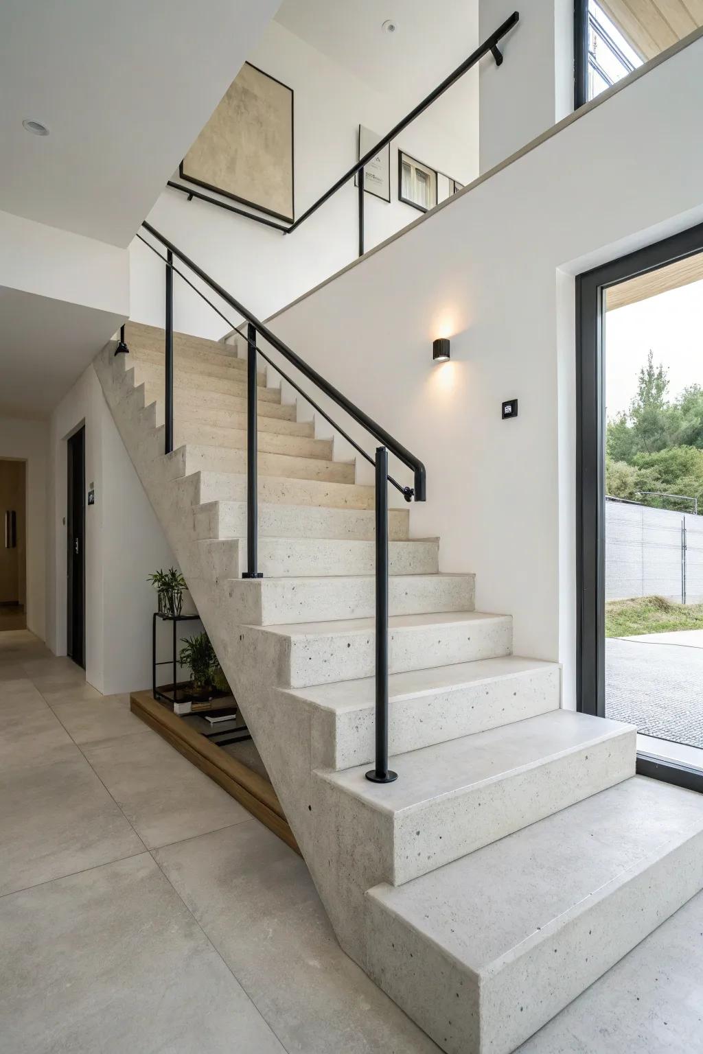 A floating rail design adds a modern, unexpected twist to these steps.