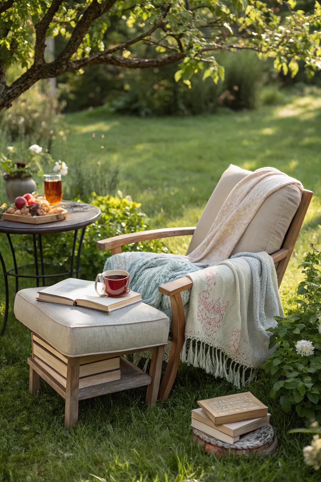 A reading nook offers a peaceful retreat.