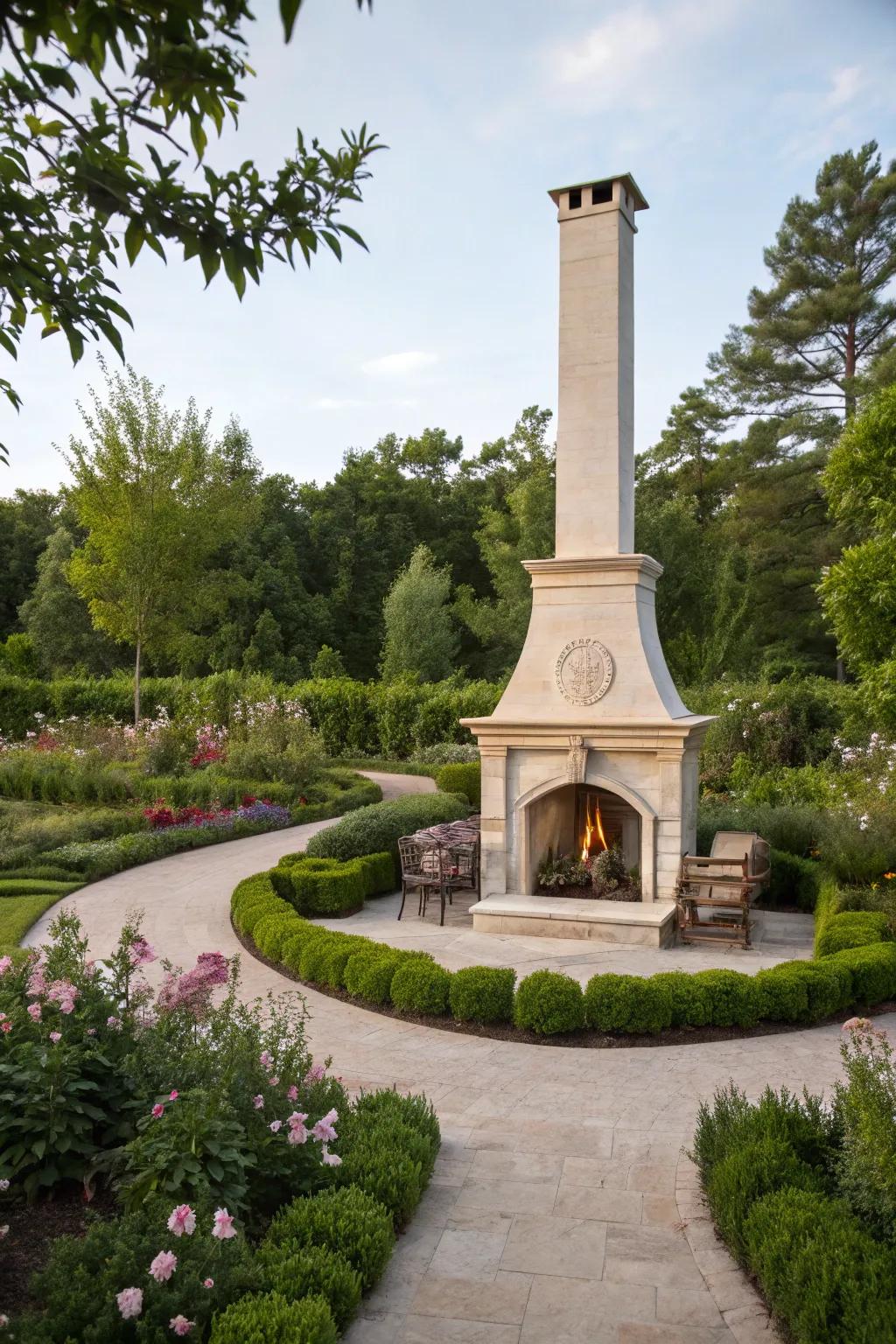 An extended chimney adds grandeur to any outdoor fireplace.