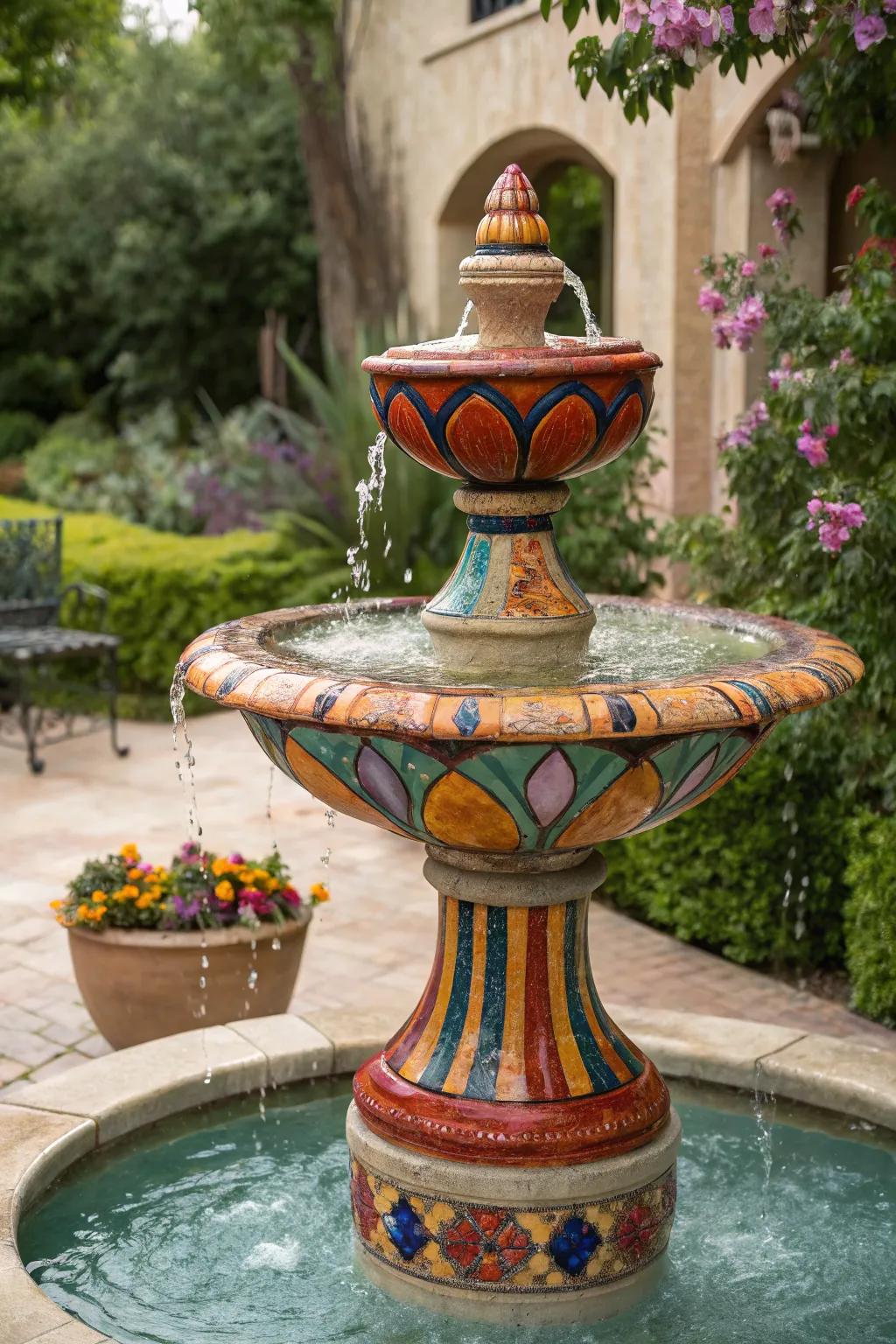 Add whimsy with an artistic ceramic fountain.