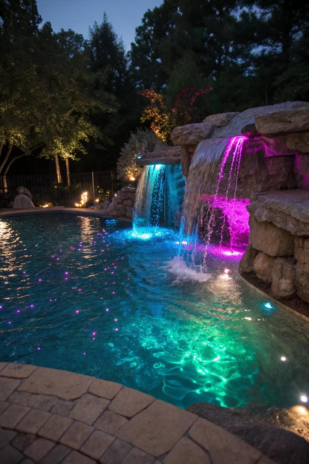 Underwater LED lights create a magical waterfall display.