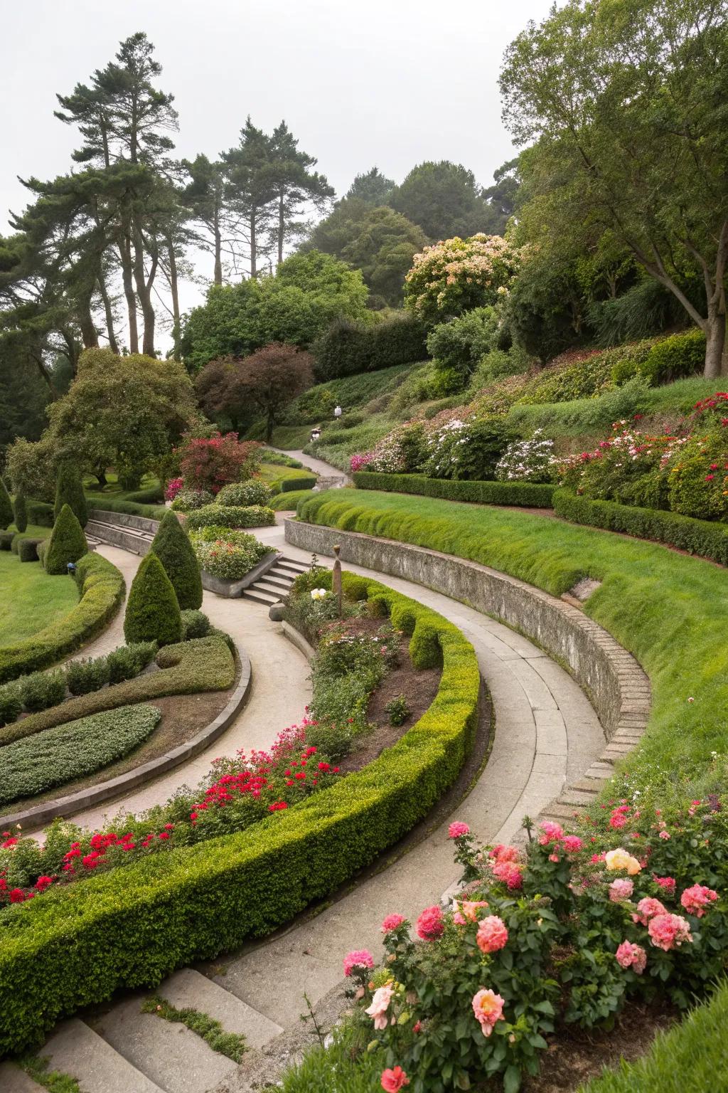 Curved pathways creating visual flow in a tiered garden.
