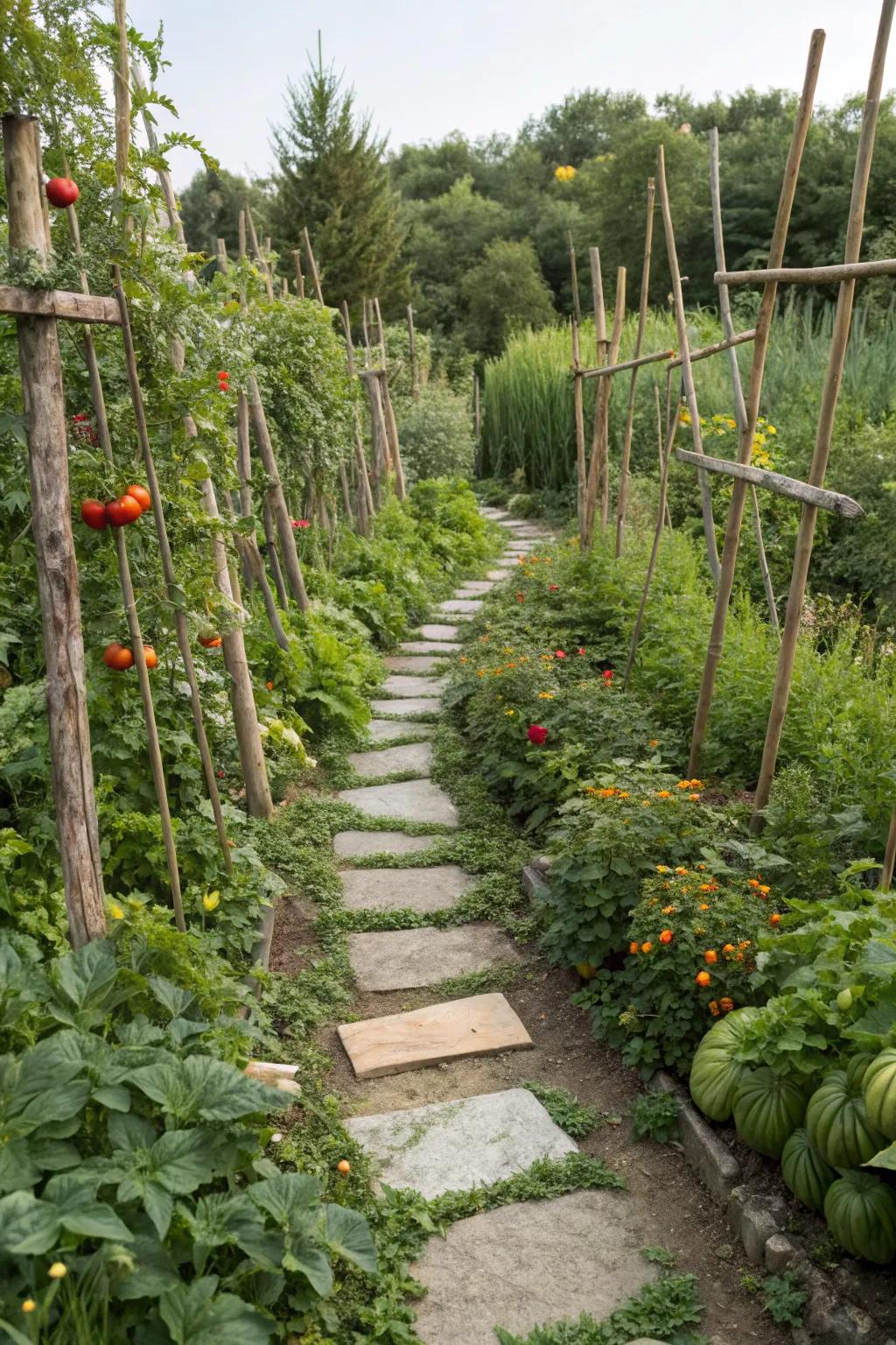 Natural elements enhance the garden's beauty and tranquility.