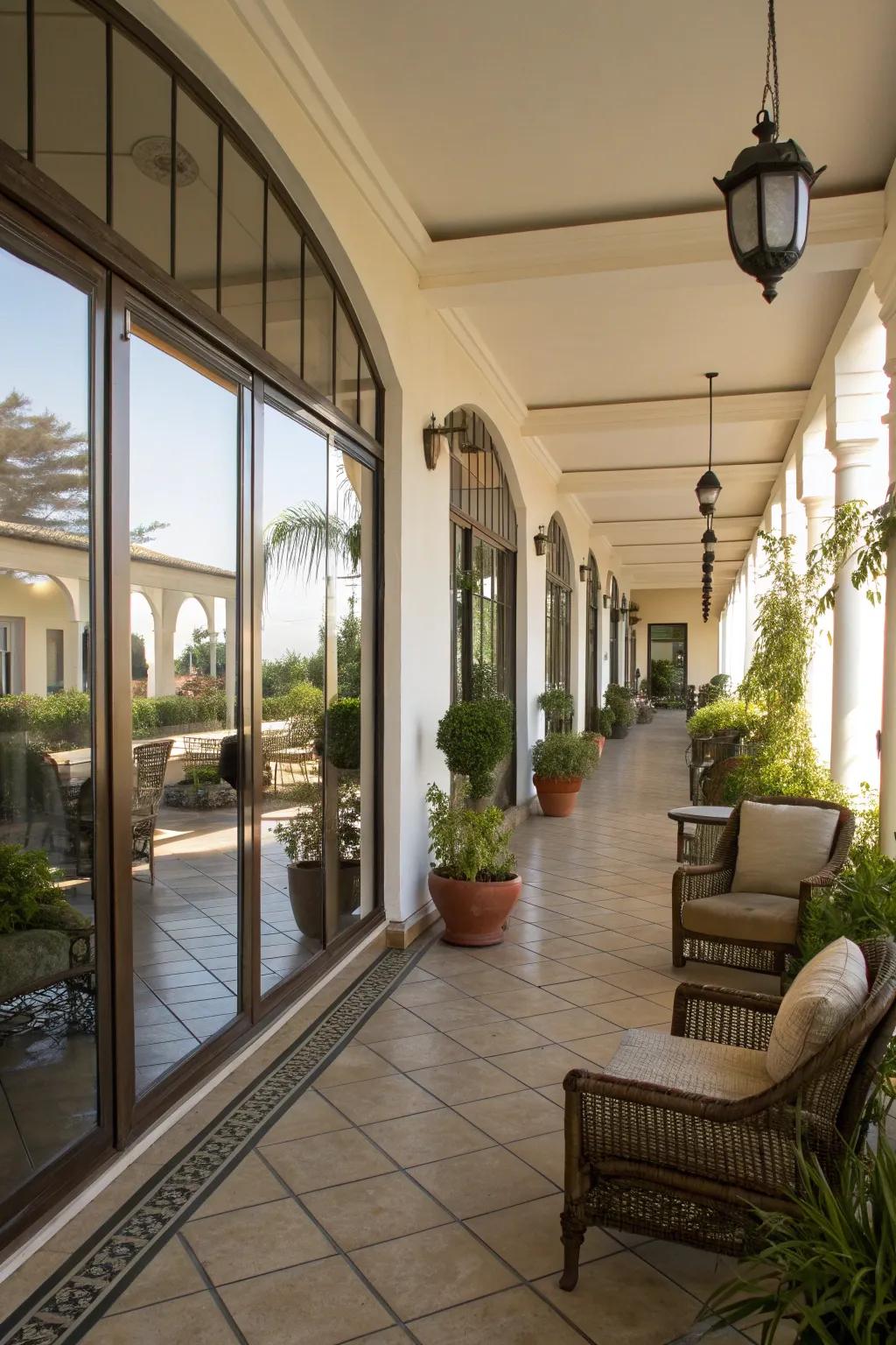 Reflective surfaces enlarging the veranda's sense of space.