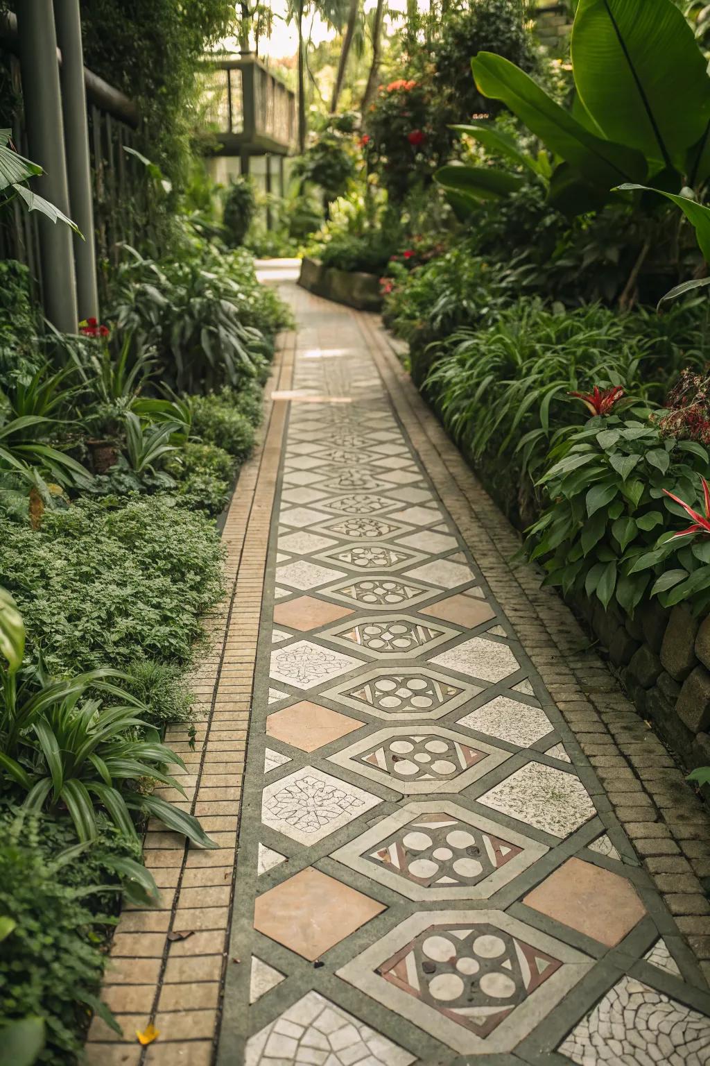 Patterned pavers add visual interest to this garden walkway.