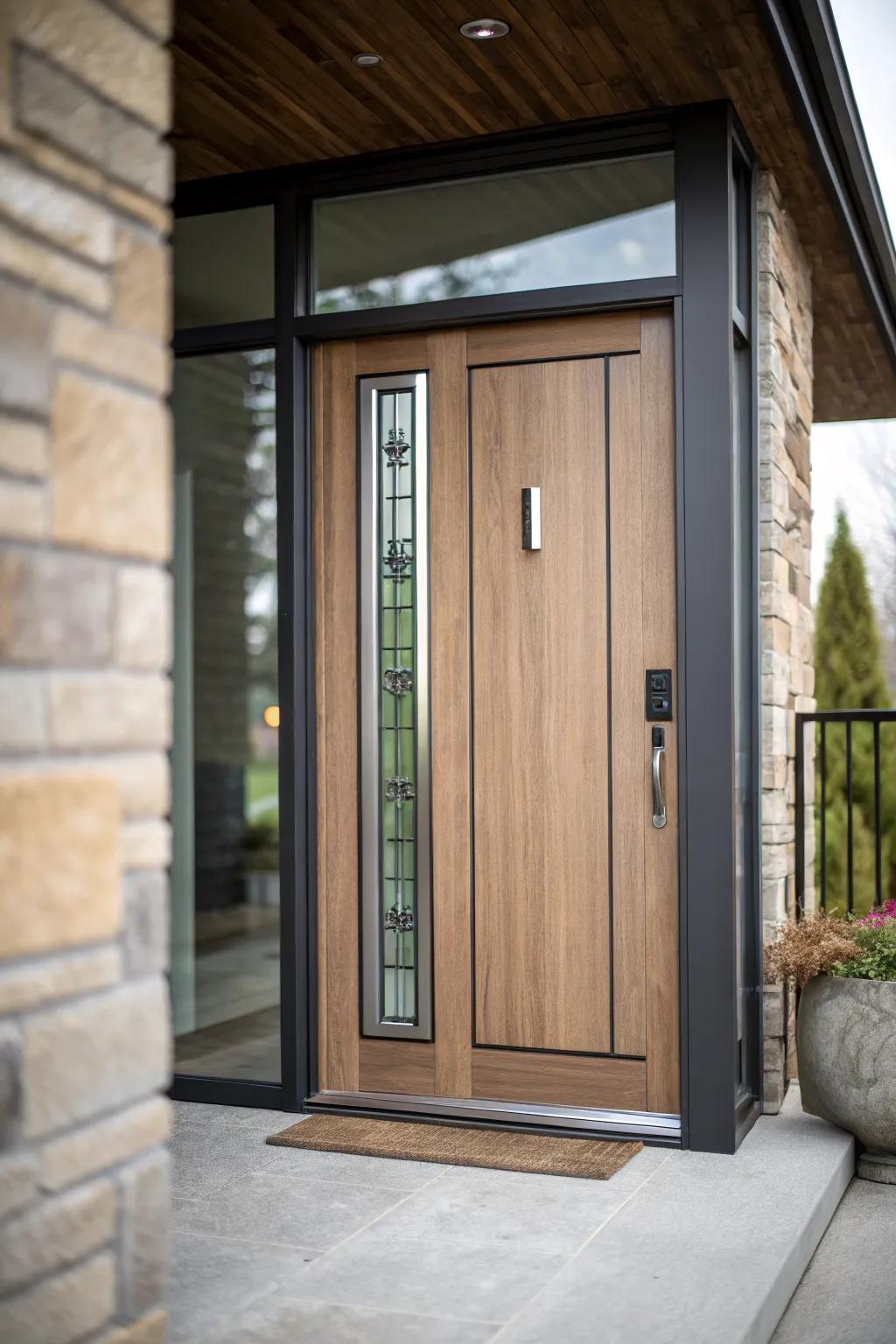 A mixed material door combining wood and metal for a contemporary style.