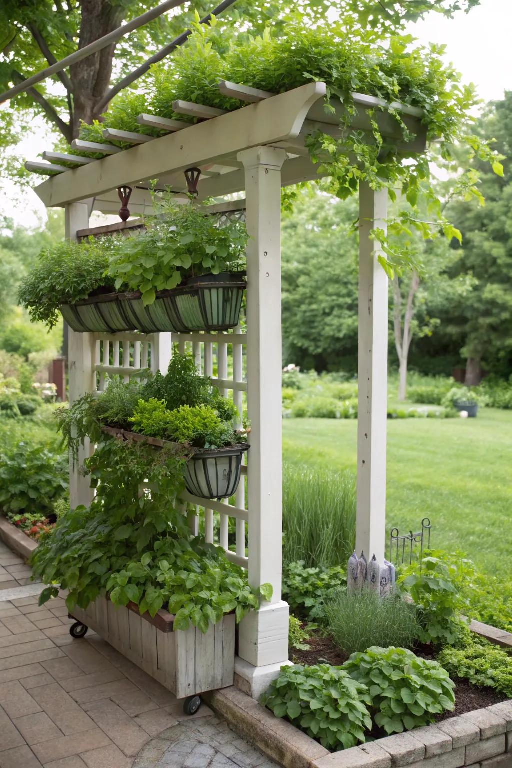 A vertical herb garden on an arbor combines beauty and practicality.