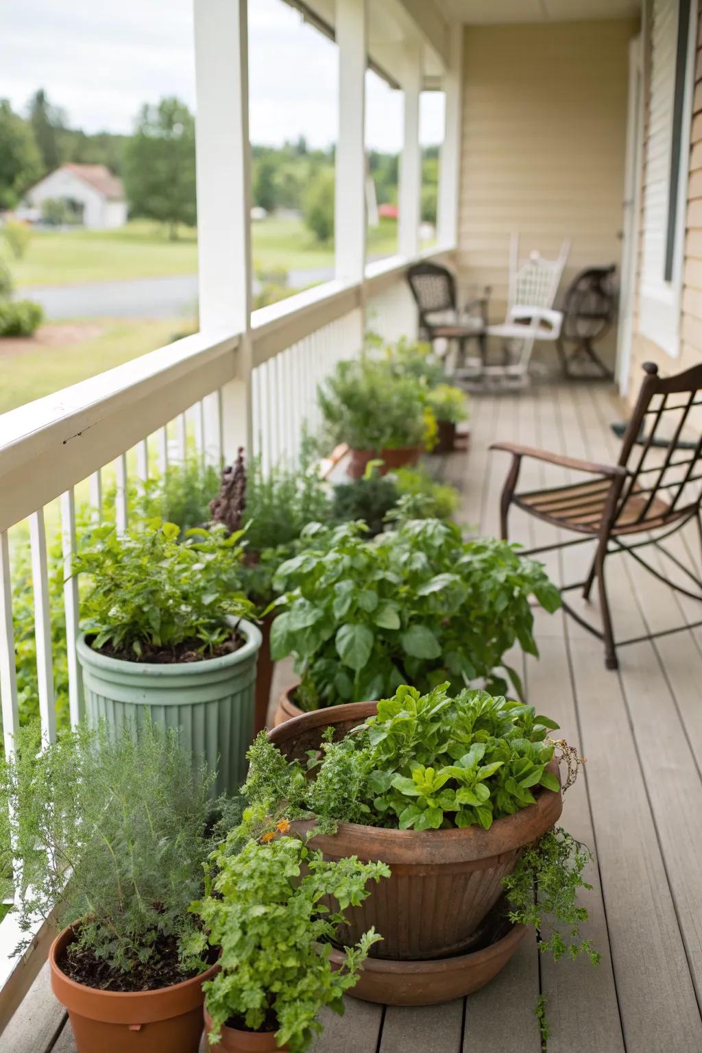 A mini herb garden on the porch offers fresh ingredients and delightful aromas.