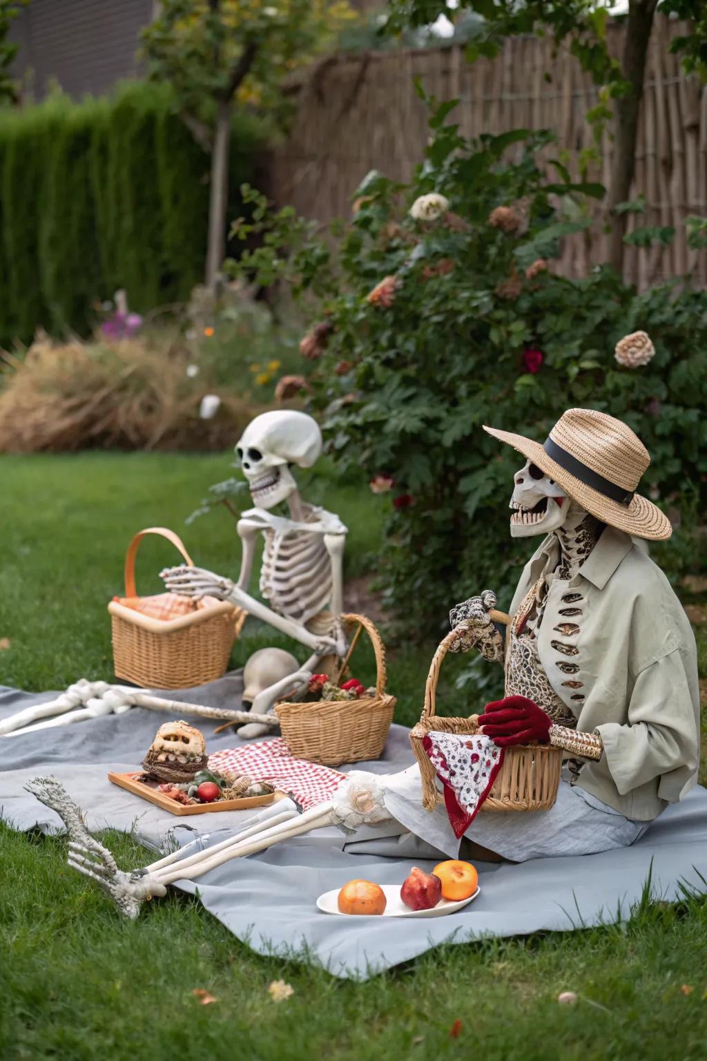 Picnic skeletons enjoying a sunny day out in the garden.