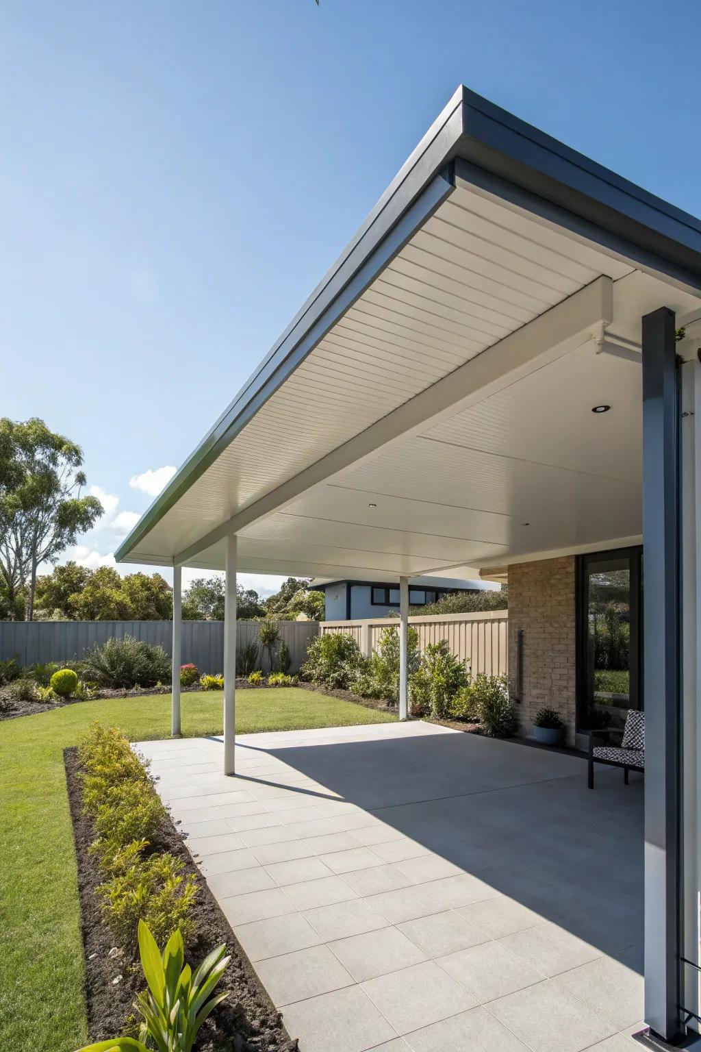 A skillion roof with stylish overhangs, offering shade and elegance.