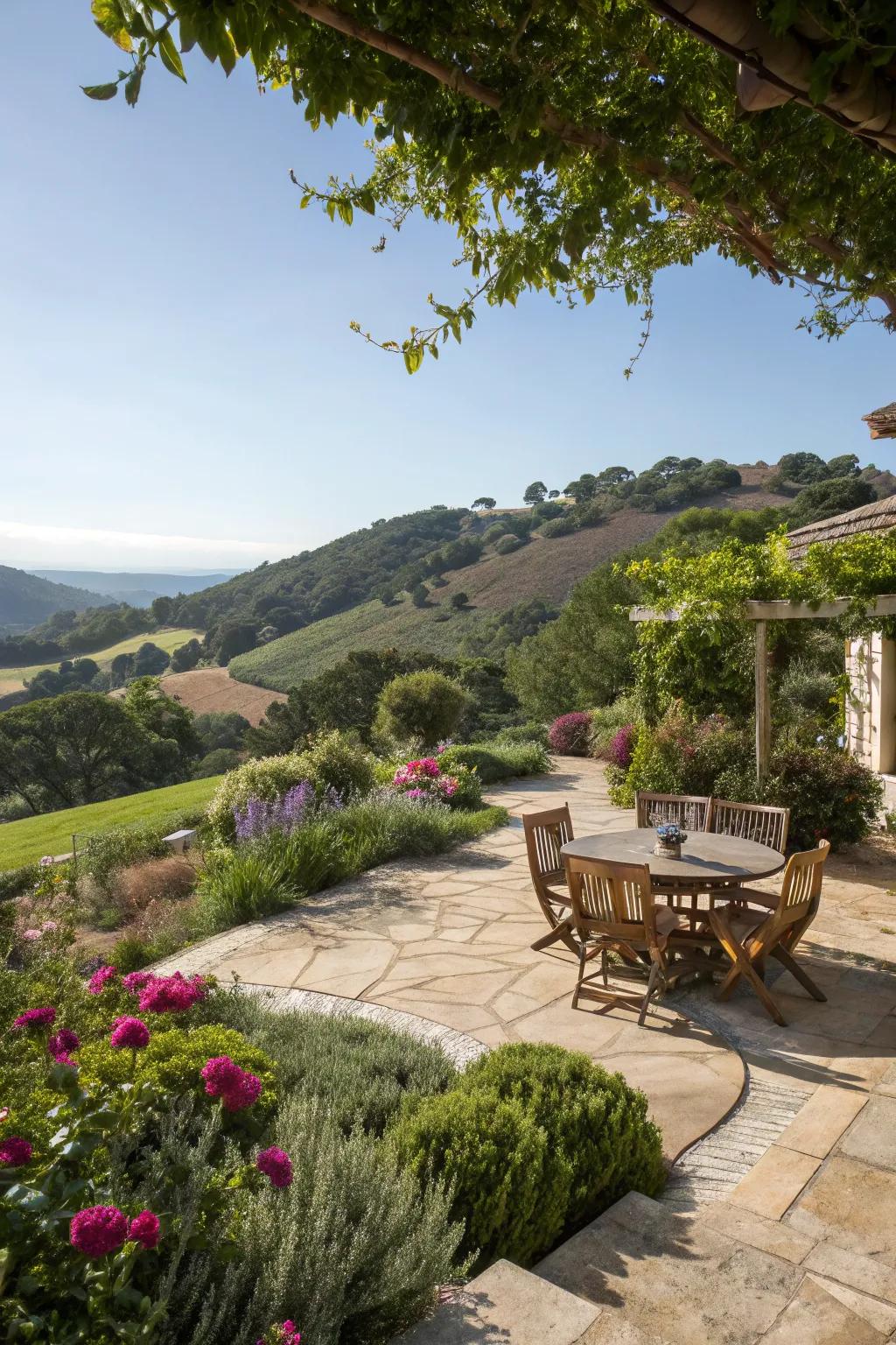 Dining patios offer scenic views in sloped backyards.