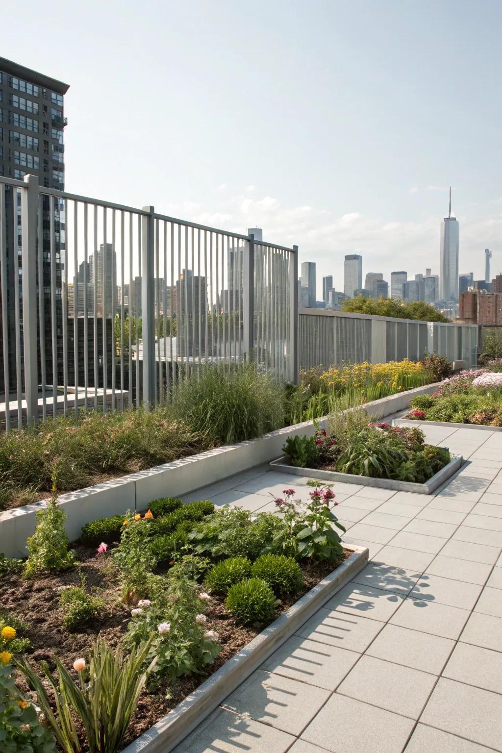 An urban garden featuring a sleek and minimalist metal slat fence.
