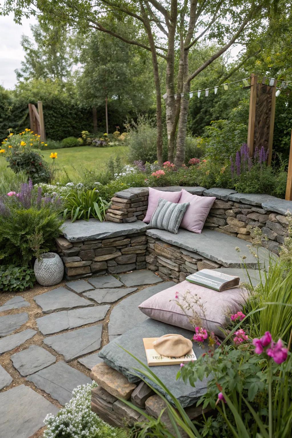 Slate rock seating areas offer rustic charm and comfort.