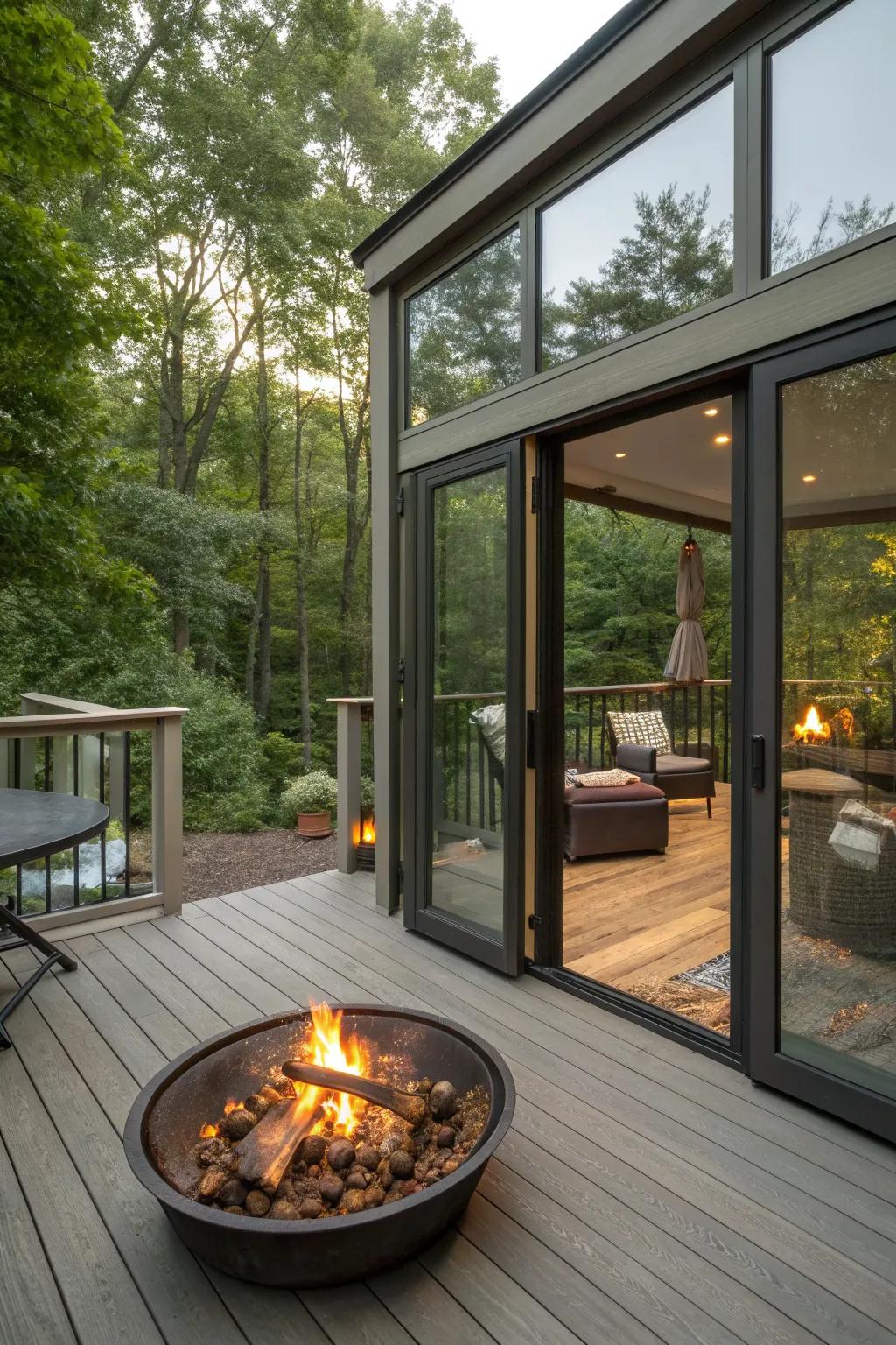 A central firepit on a deck creates a cozy gathering spot.