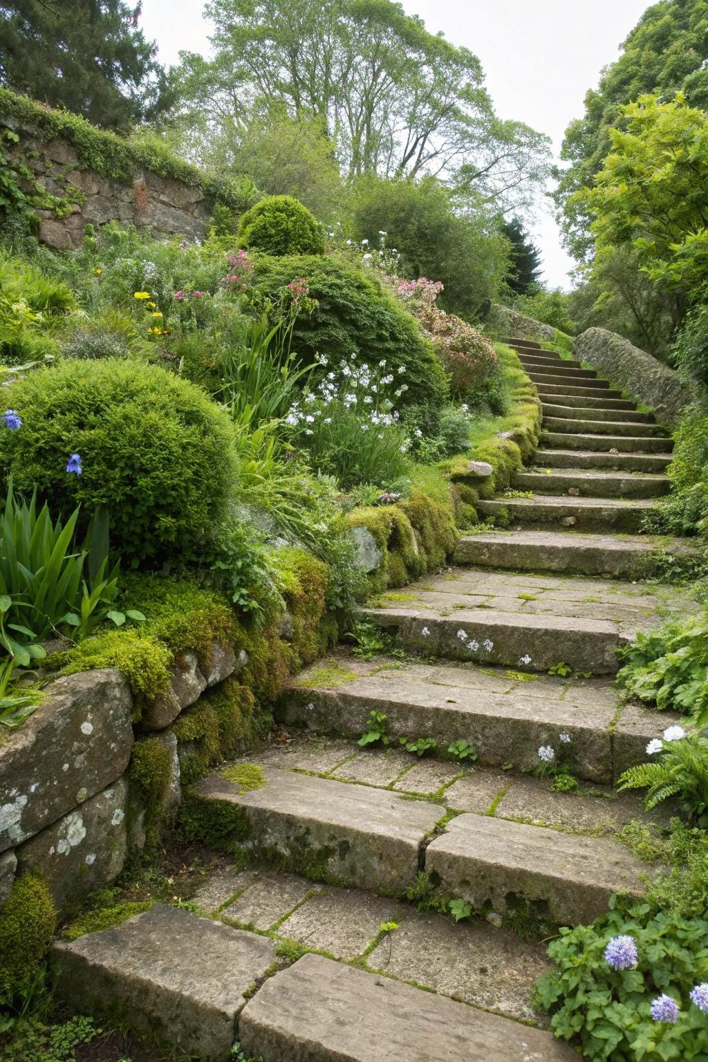 Stone steps ensure safe and stylish access on sloped gardens.
