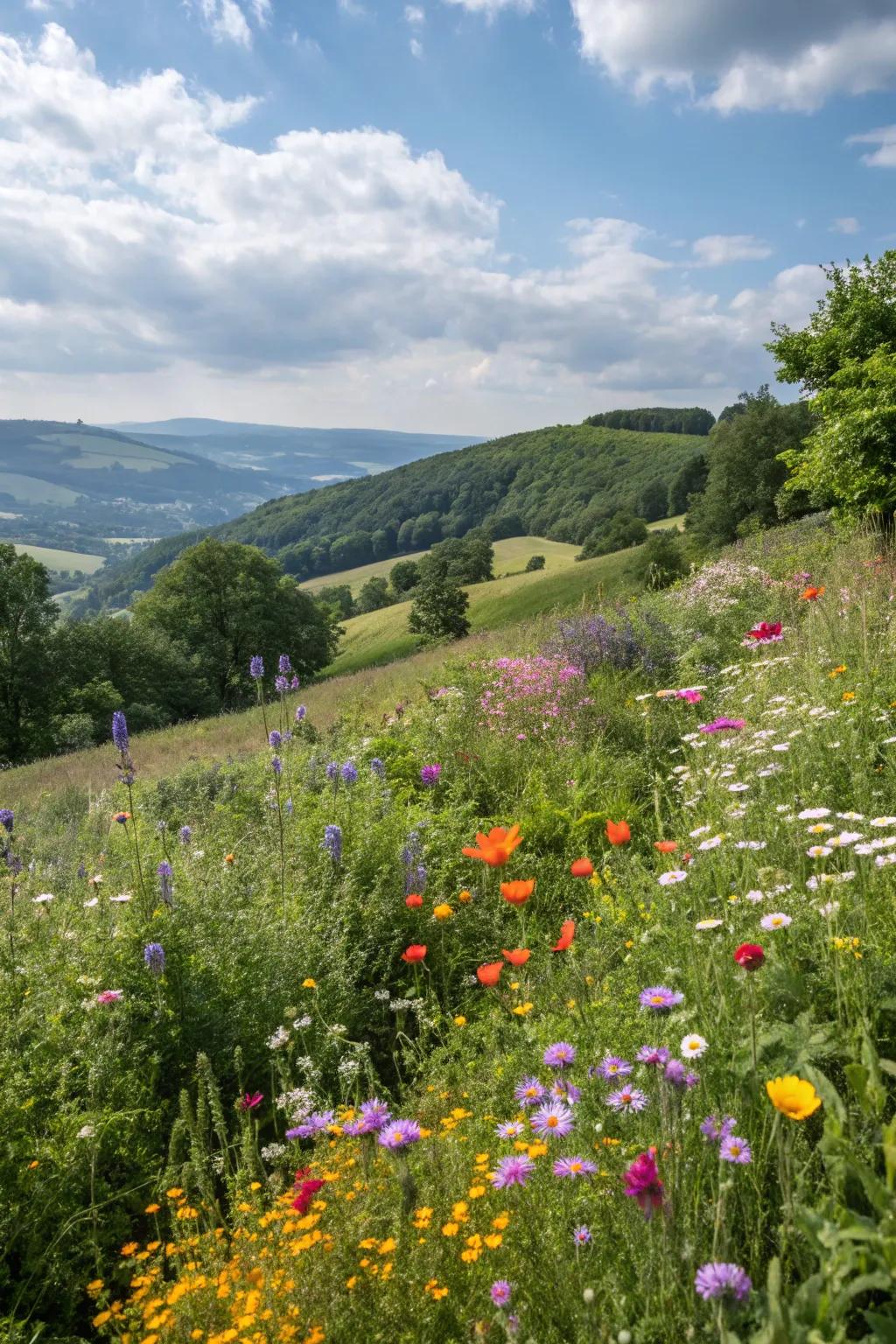 Wildflowers create a vibrant, pollinator-friendly slope.
