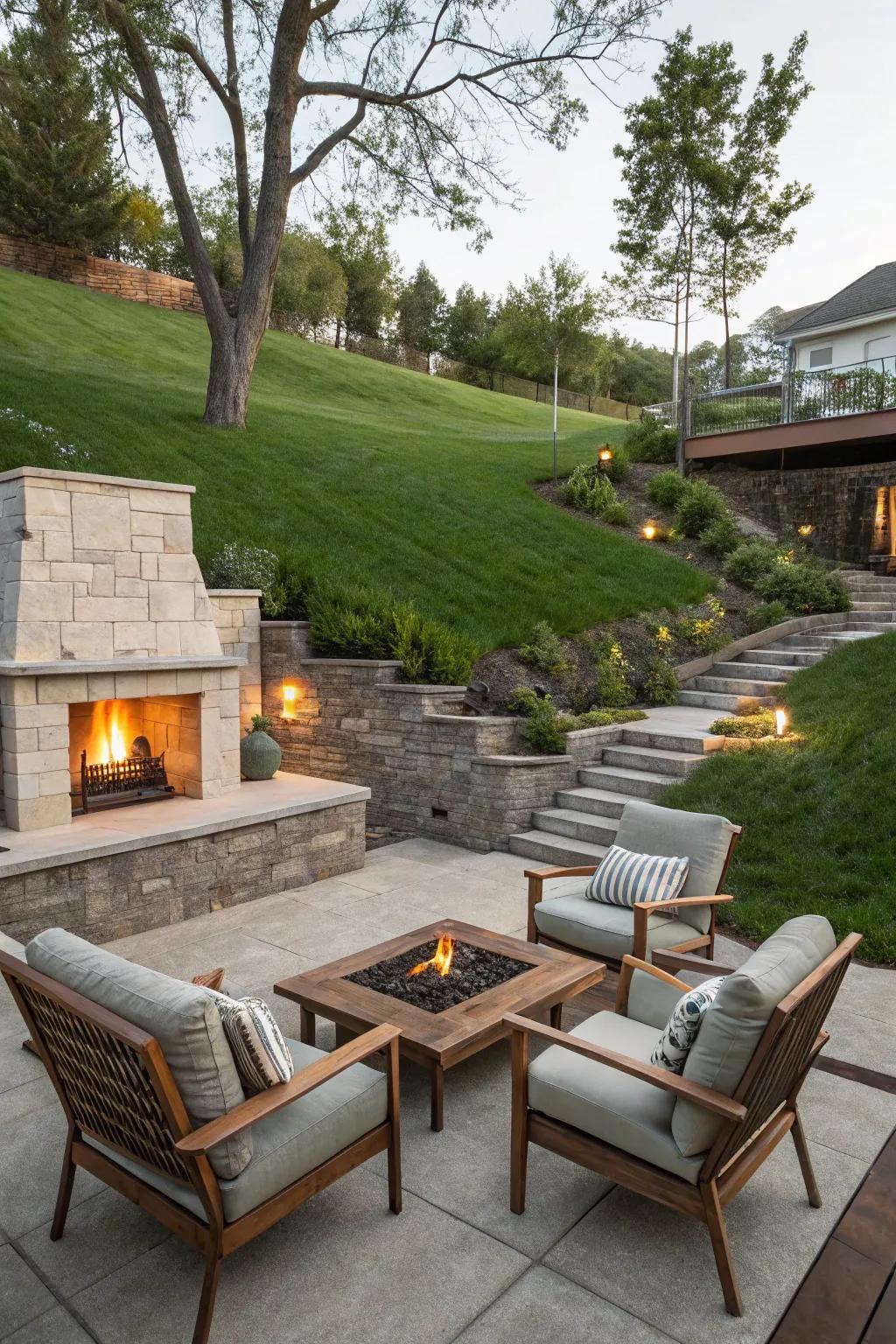 An outdoor fireplace serves as a cozy focal point in a sloped garden.
