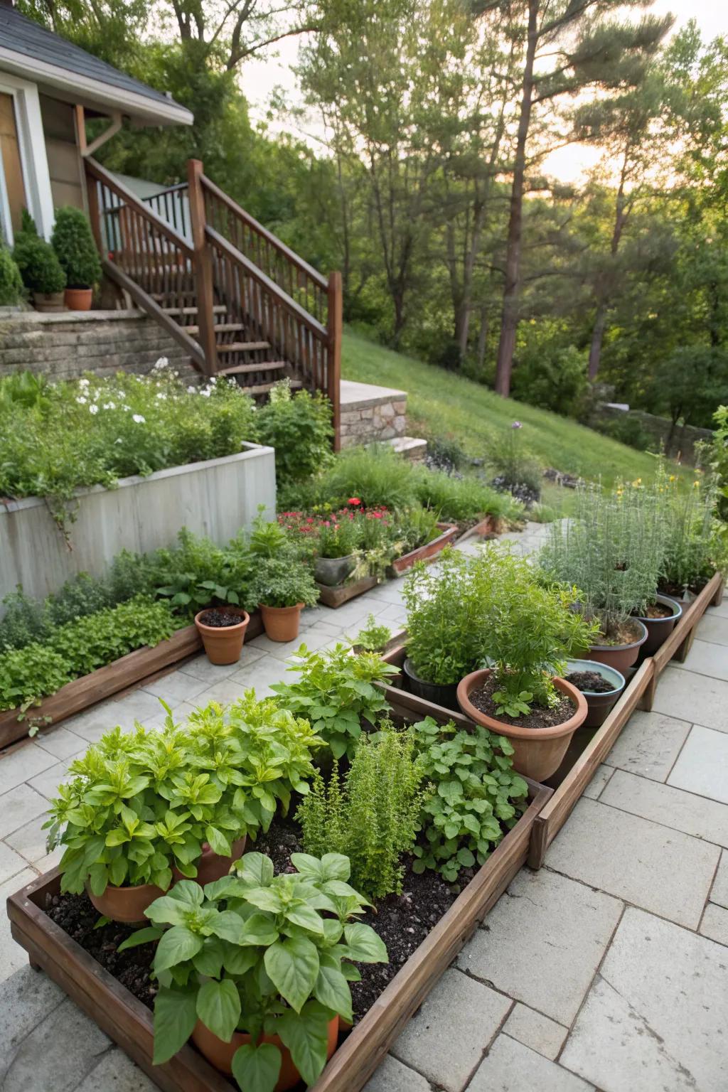 A thriving herb garden adding flavor and fragrance to a sloped patio.