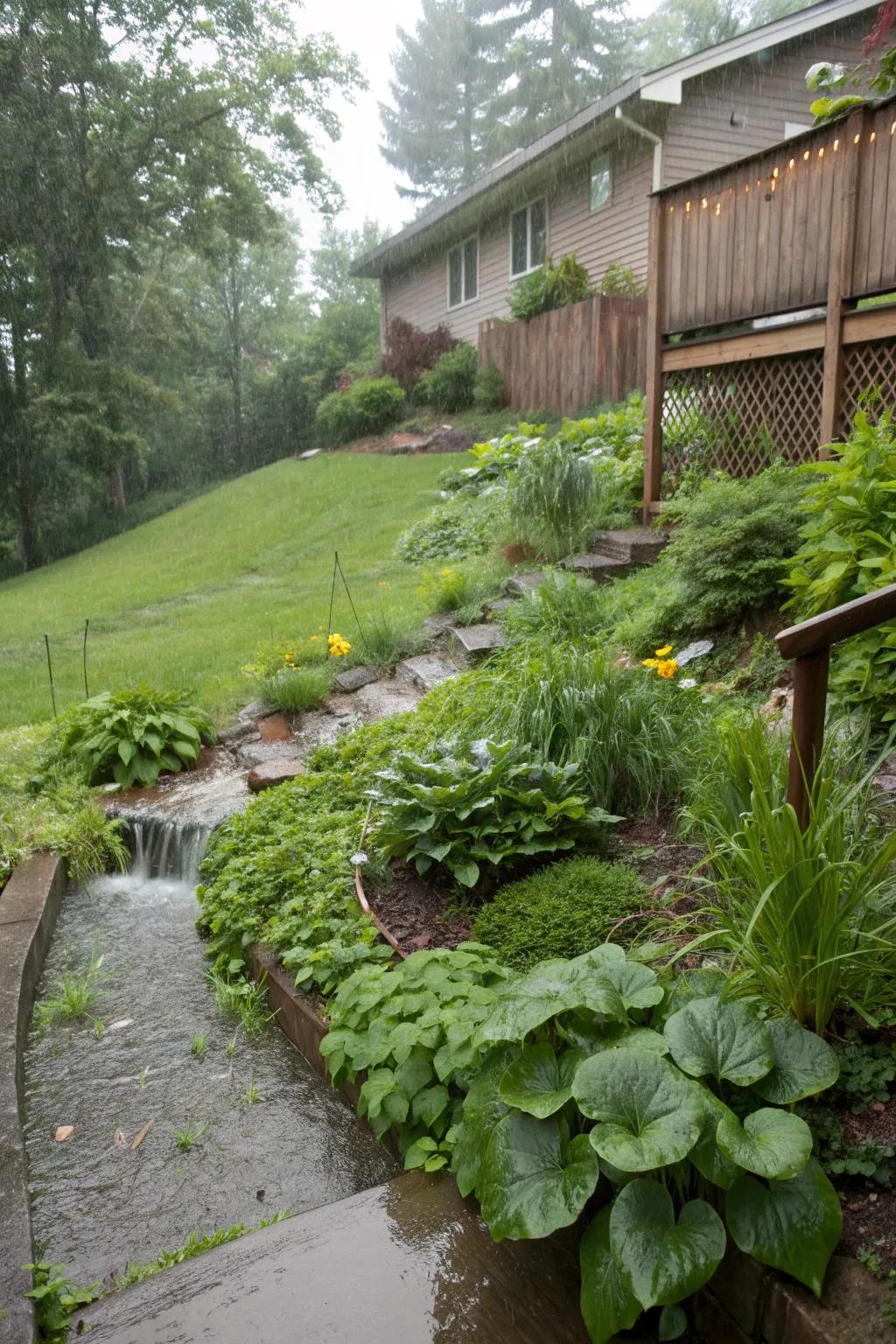 Rain gardens offer an eco-friendly solution for slopes.