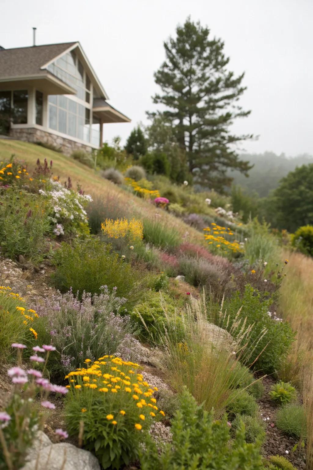 Native plants provide a sustainable and resilient landscape for sloped areas.