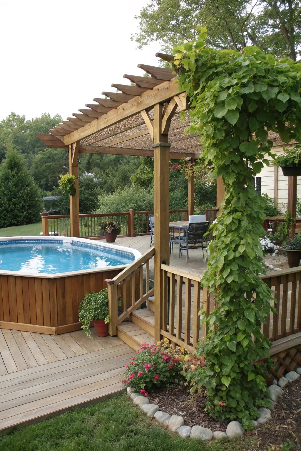 Shade structures create comfortable spaces on pool decks.