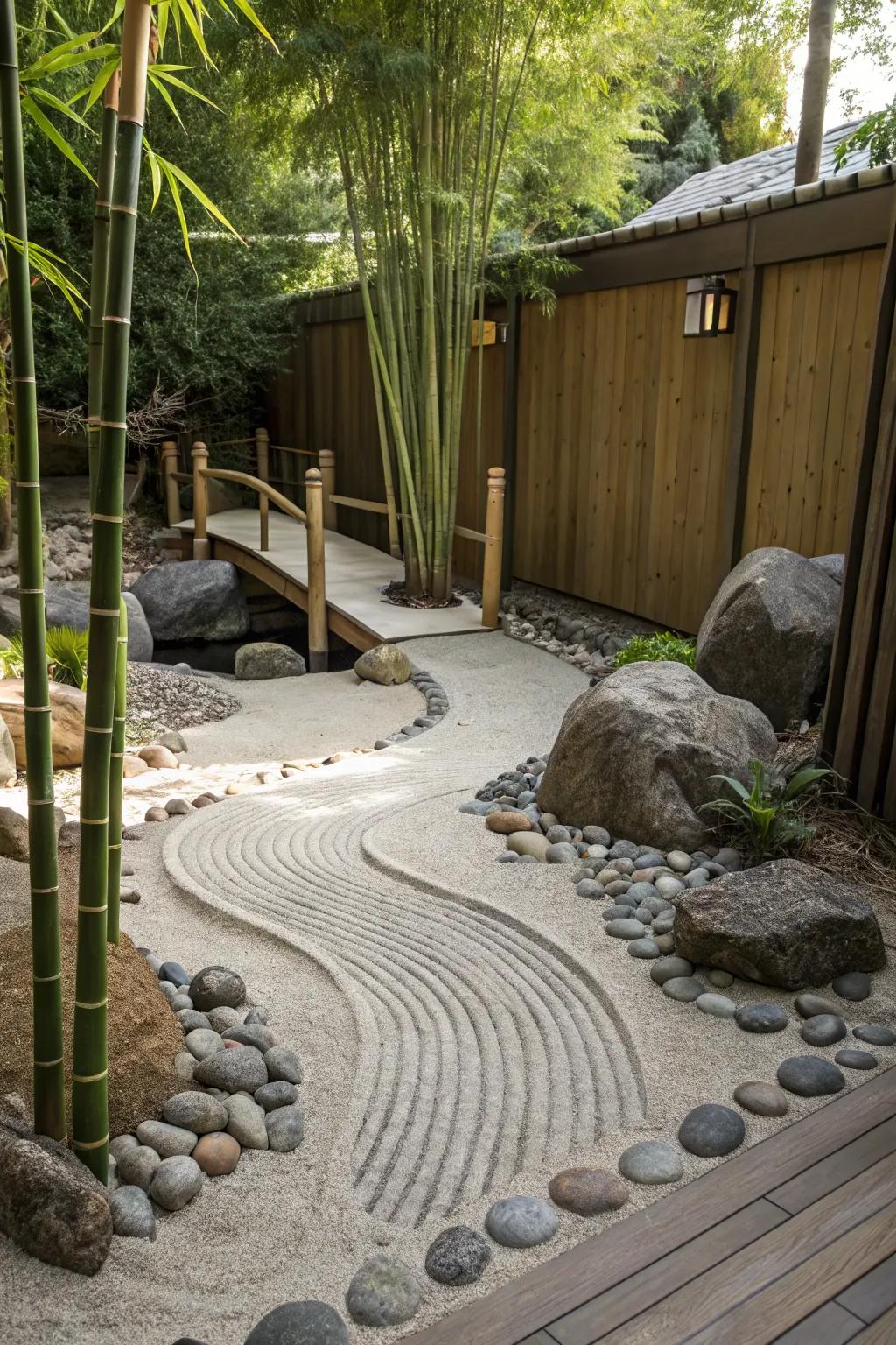 A small Zen garden creates a peaceful retreat.