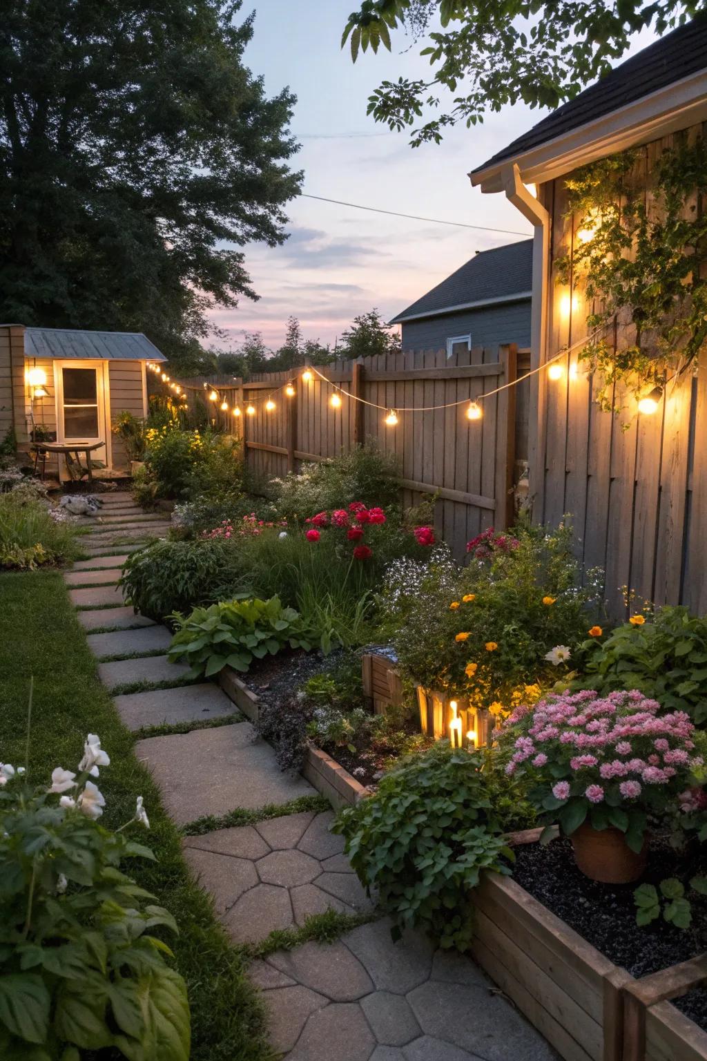 Solar lights create a magical evening glow.