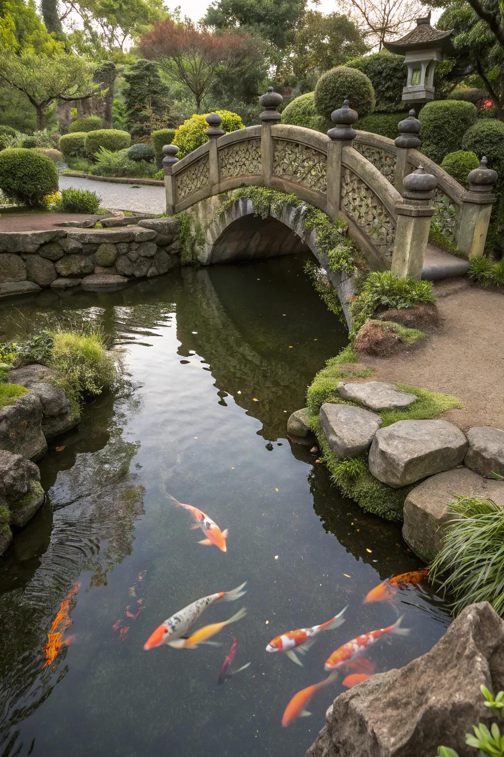 A rock bridge adds charm and accessibility to your pond.