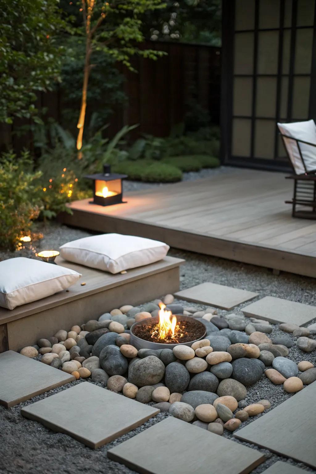 Serene and tranquil minimalist Zen fire pit setup.