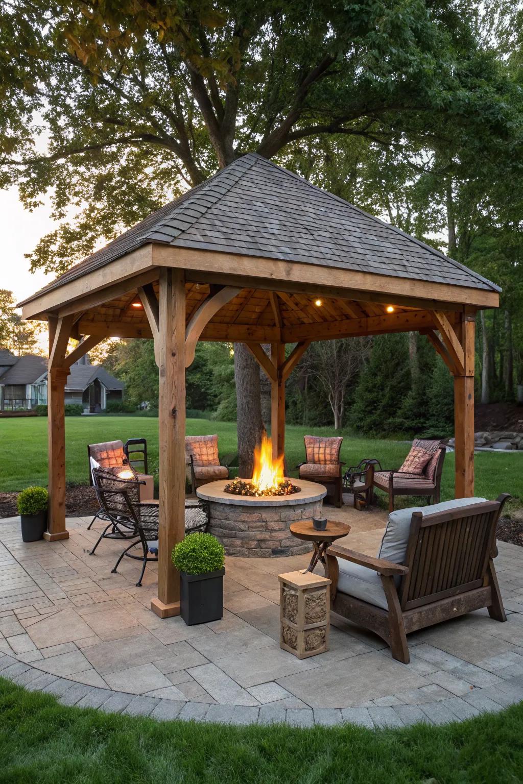 A pavilion featuring a cozy built-in fire pit for warmth and ambiance.