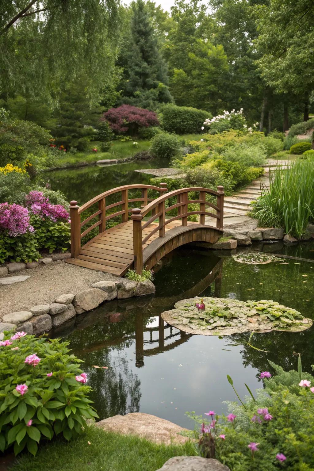 A whimsical backyard pond featuring a miniature bridge.