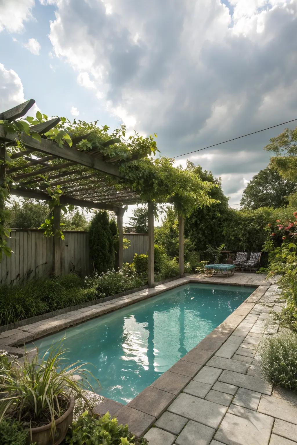 A pergola adds elegance and provides needed shade by the pool.