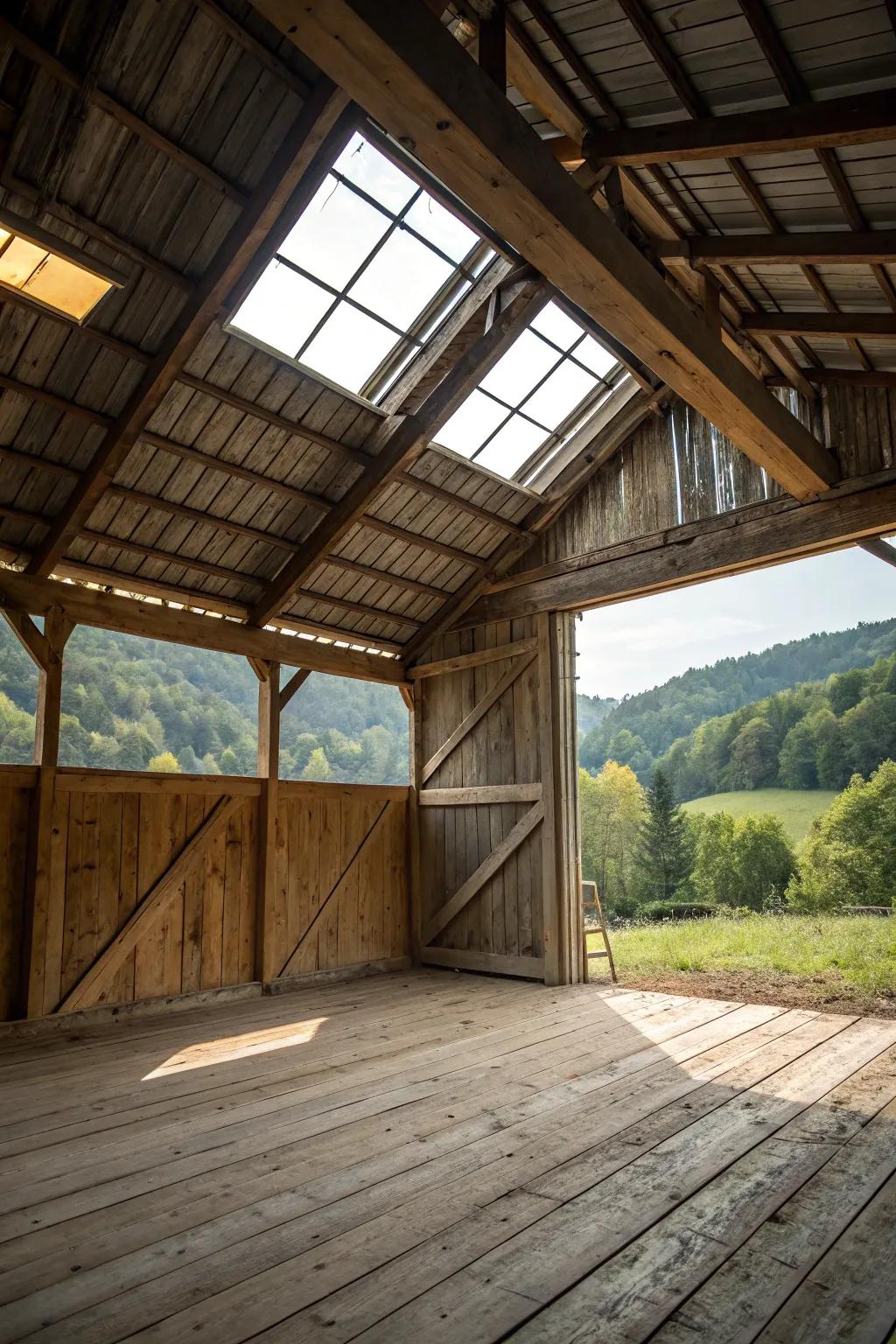 Skylights infuse this small barn with natural light and warmth.