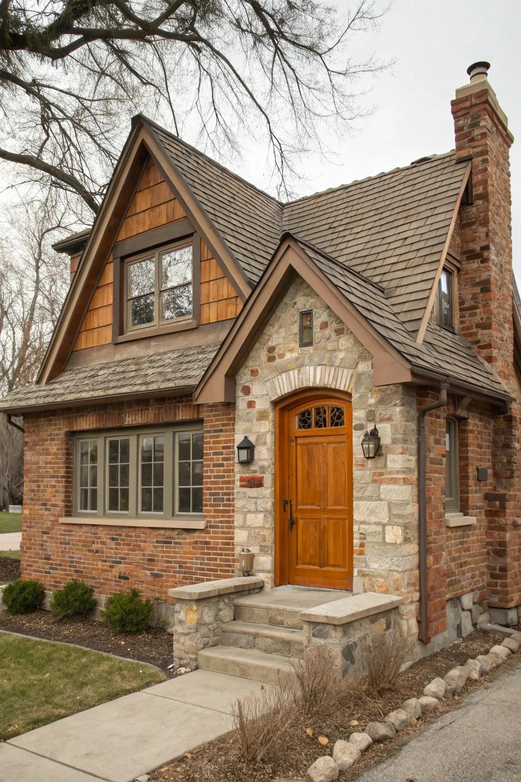 A small brick house featuring a combination of materials for a dynamic look.