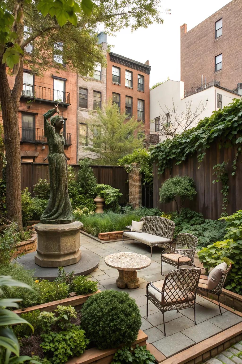 Art pieces add a unique touch and personal flair to small gardens.