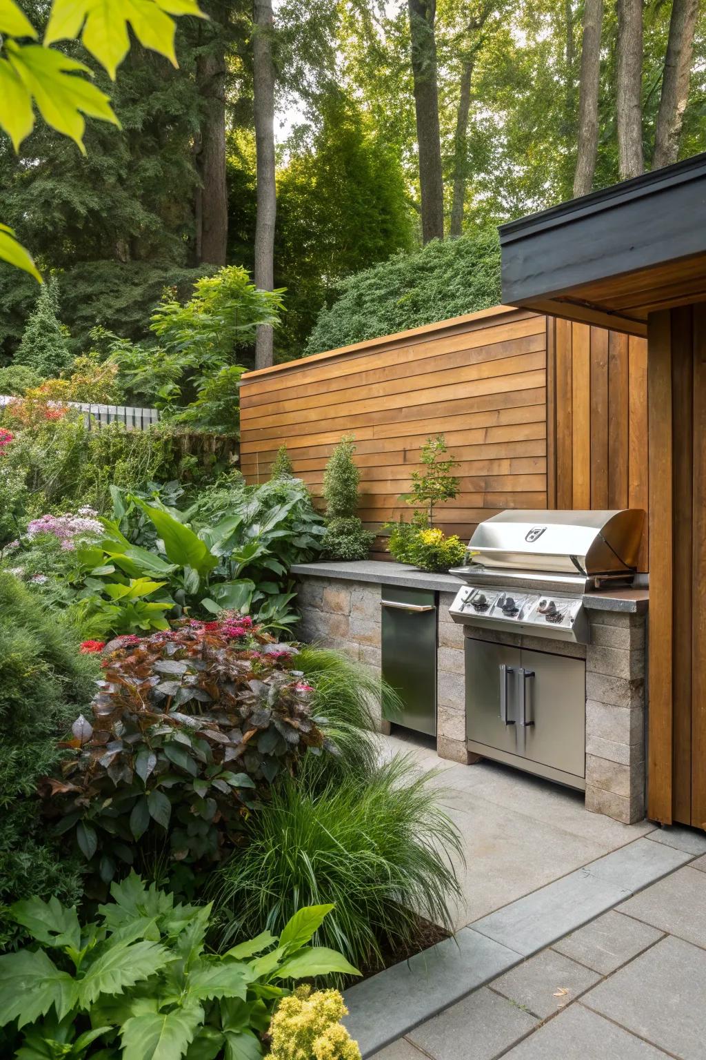 A wooden facade adds natural warmth to your grill setup.