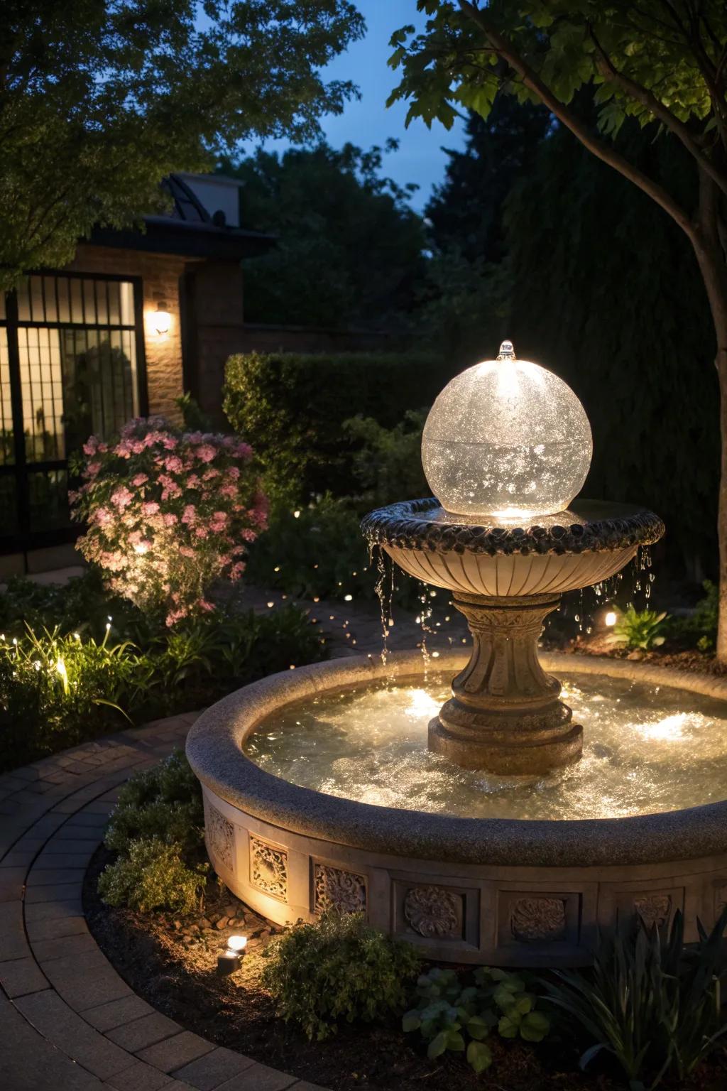 Illuminated sphere fountains create captivating visual effects.