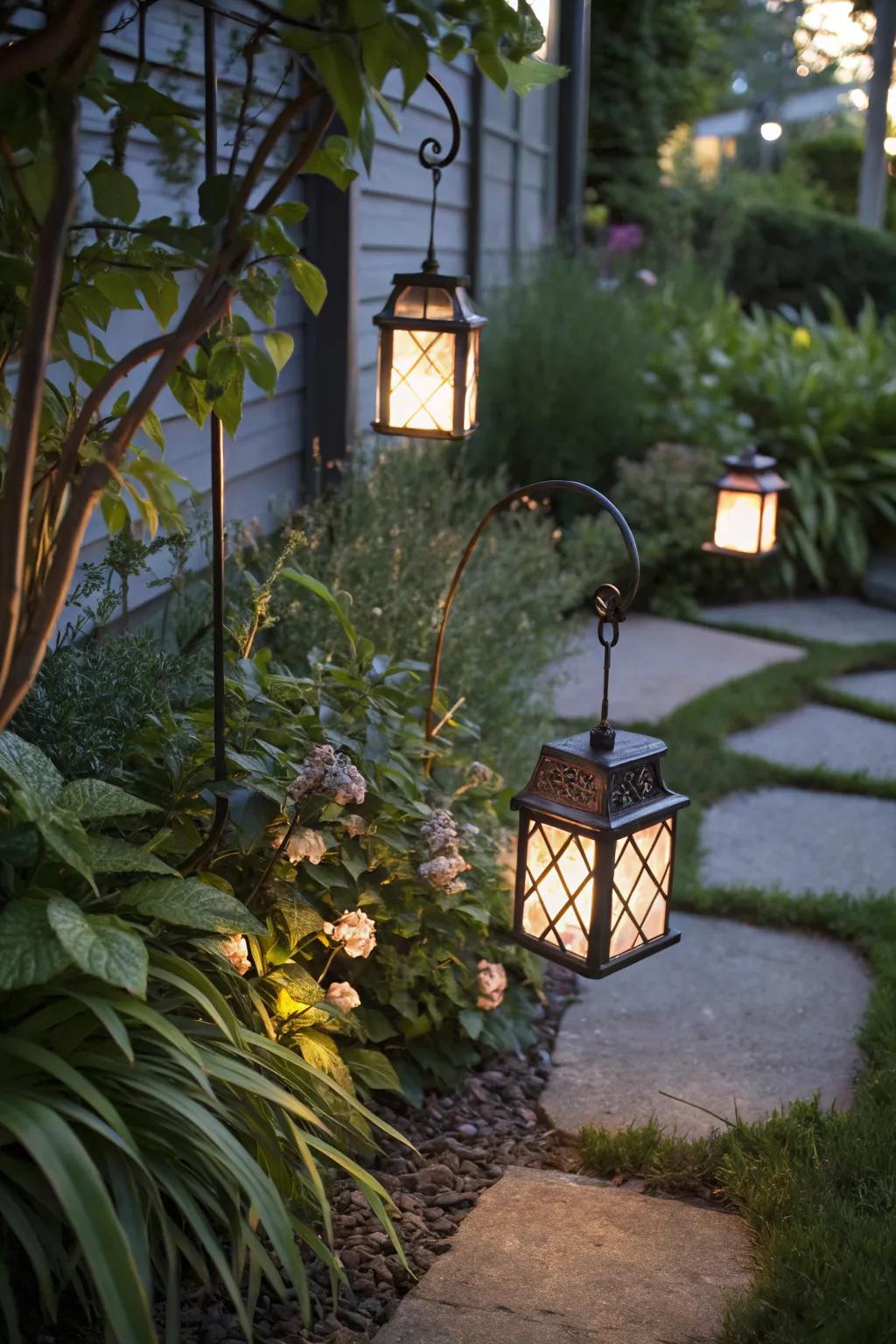 Solar lanterns light up your garden corner beautifully at night.