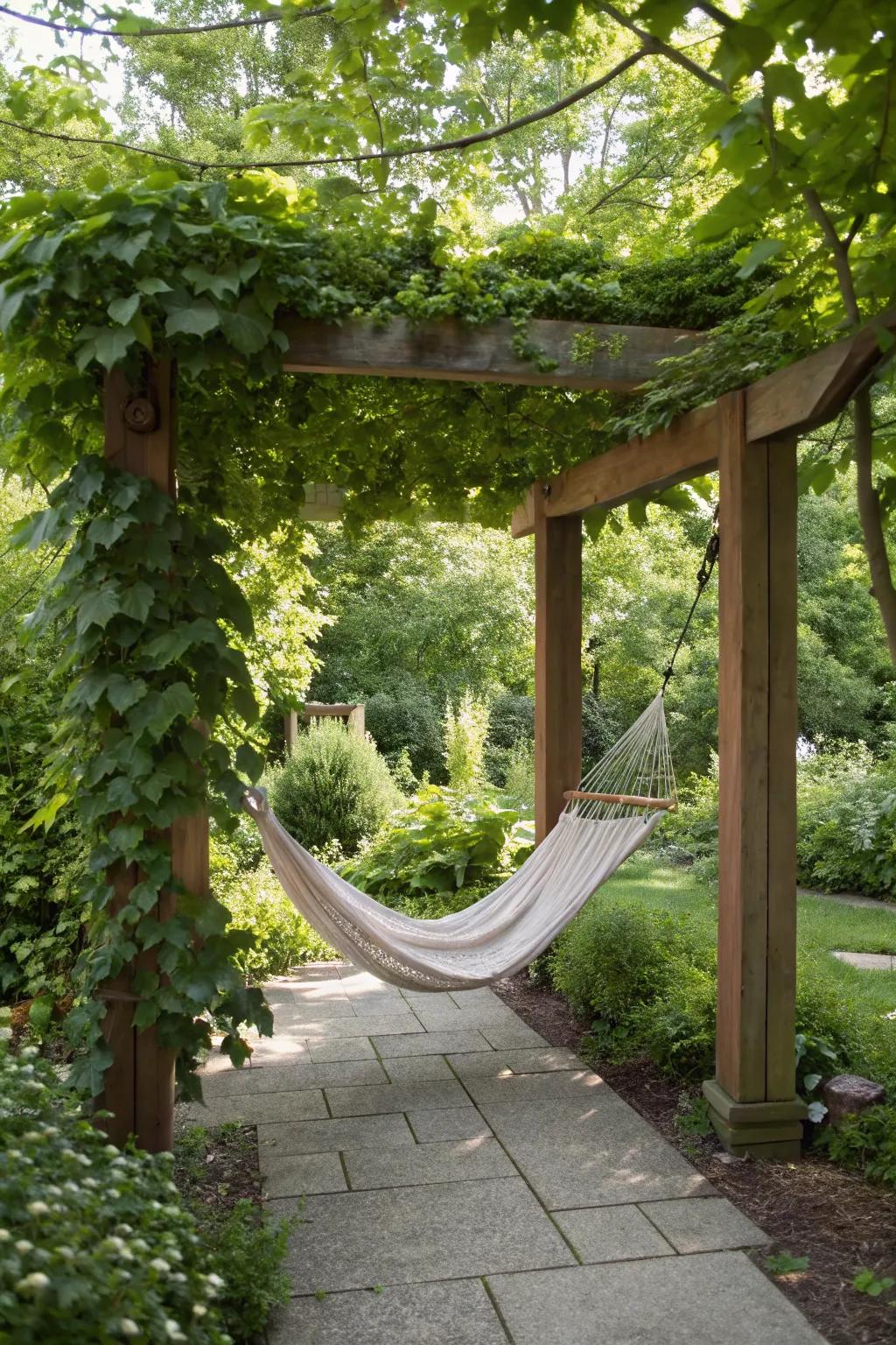 A hammock under a pergola offers a perfect spot for relaxation.