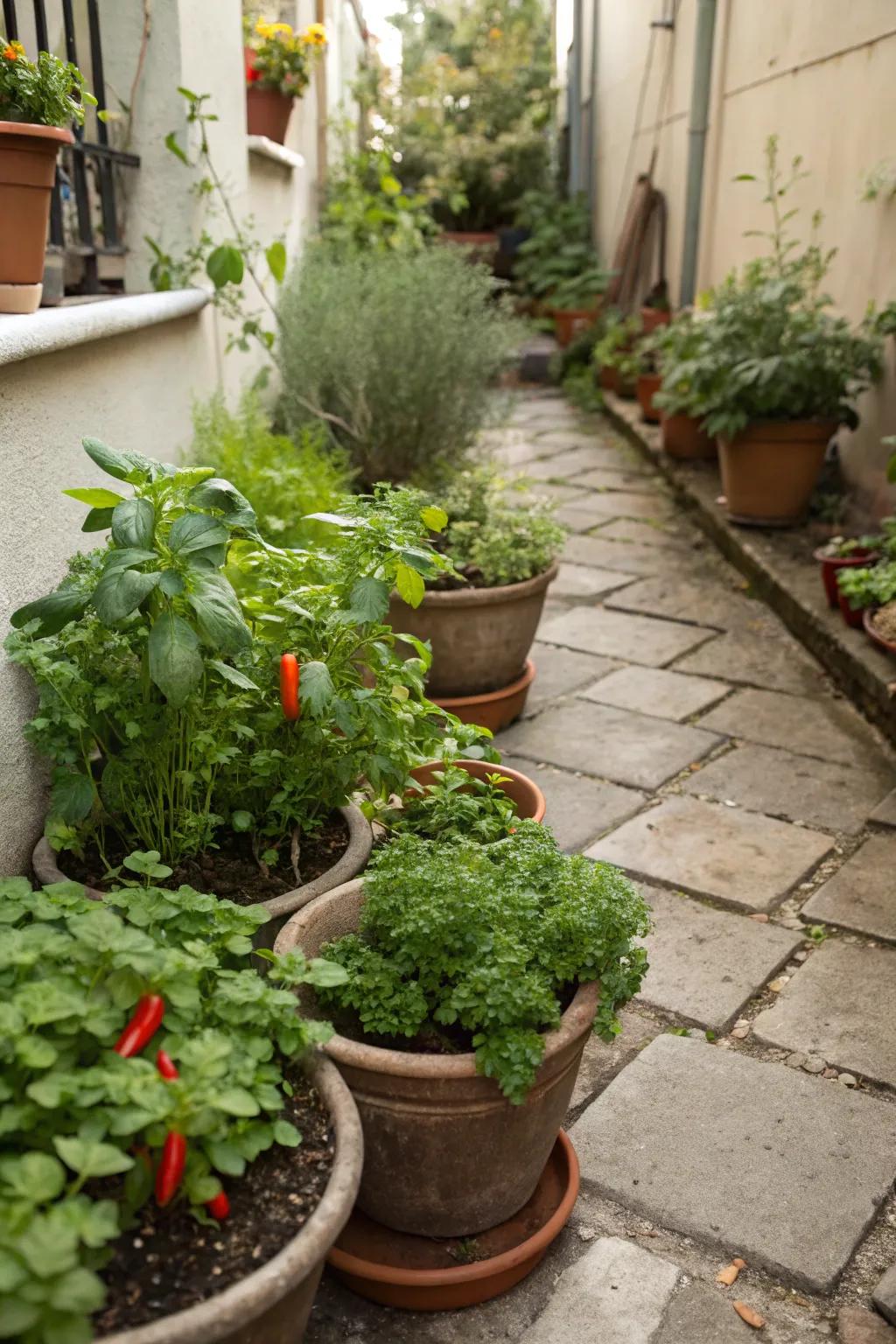 Edible plants bring both beauty and utility to a small courtyard.