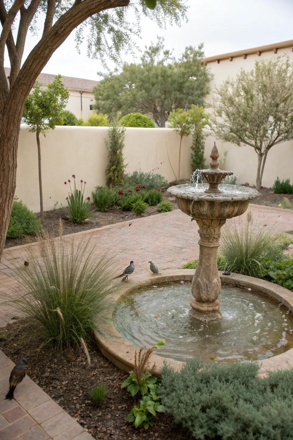 A fountain with a bird bath attracts wildlife to this courtyard.