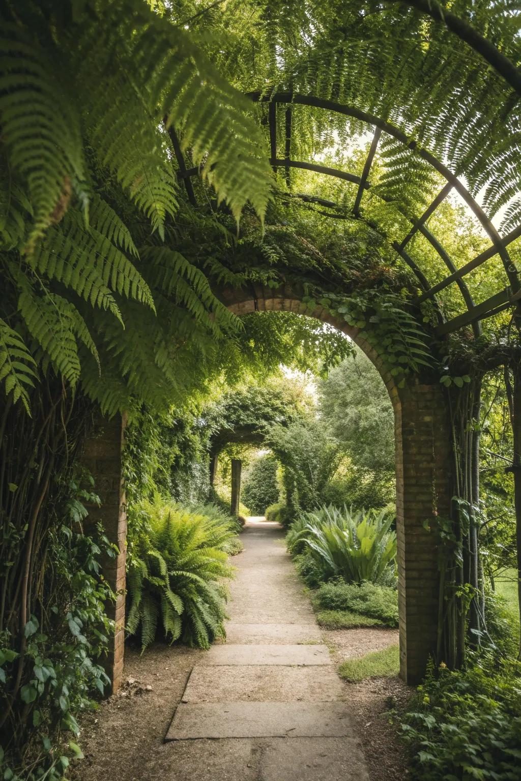 A magical fern archway leading into a garden.
