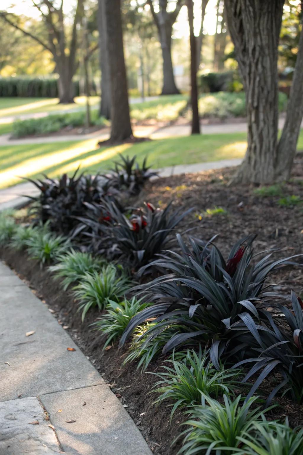 Dark foliage provides a dramatic contrast.