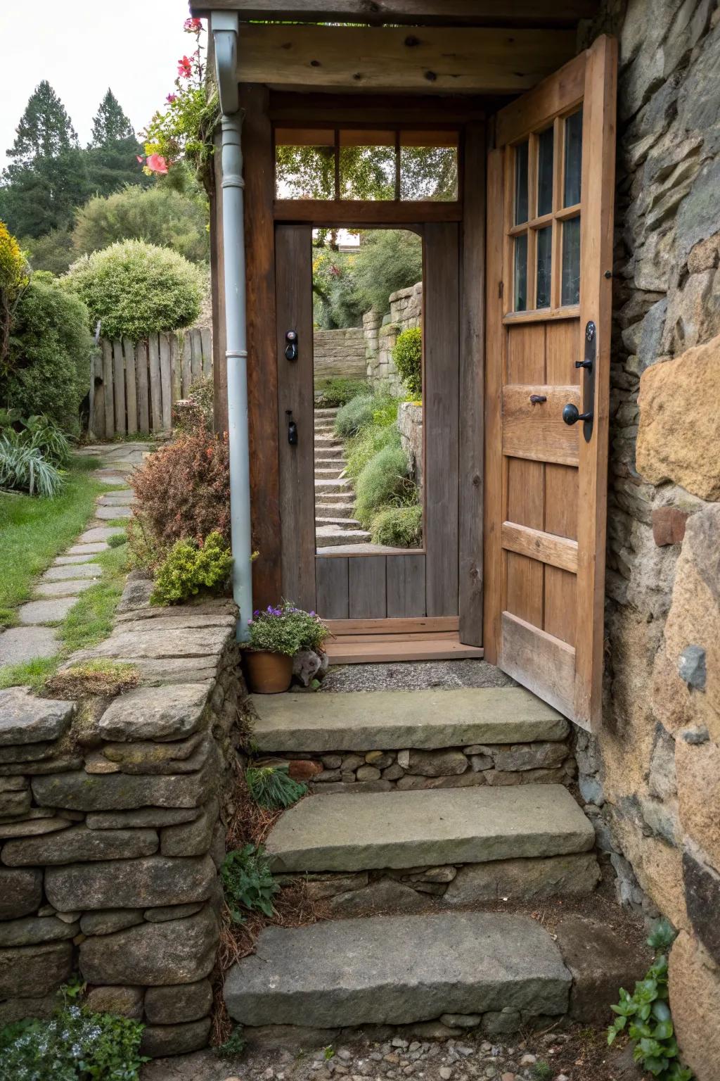 Mixed materials create a unique look at a small front door.