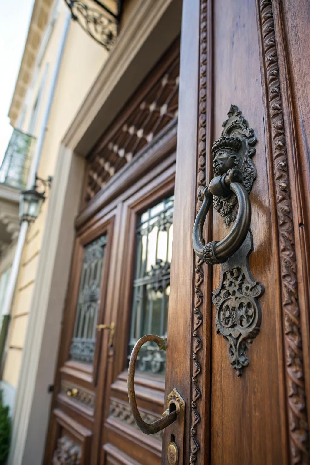 A unique door knocker adds character to this door
