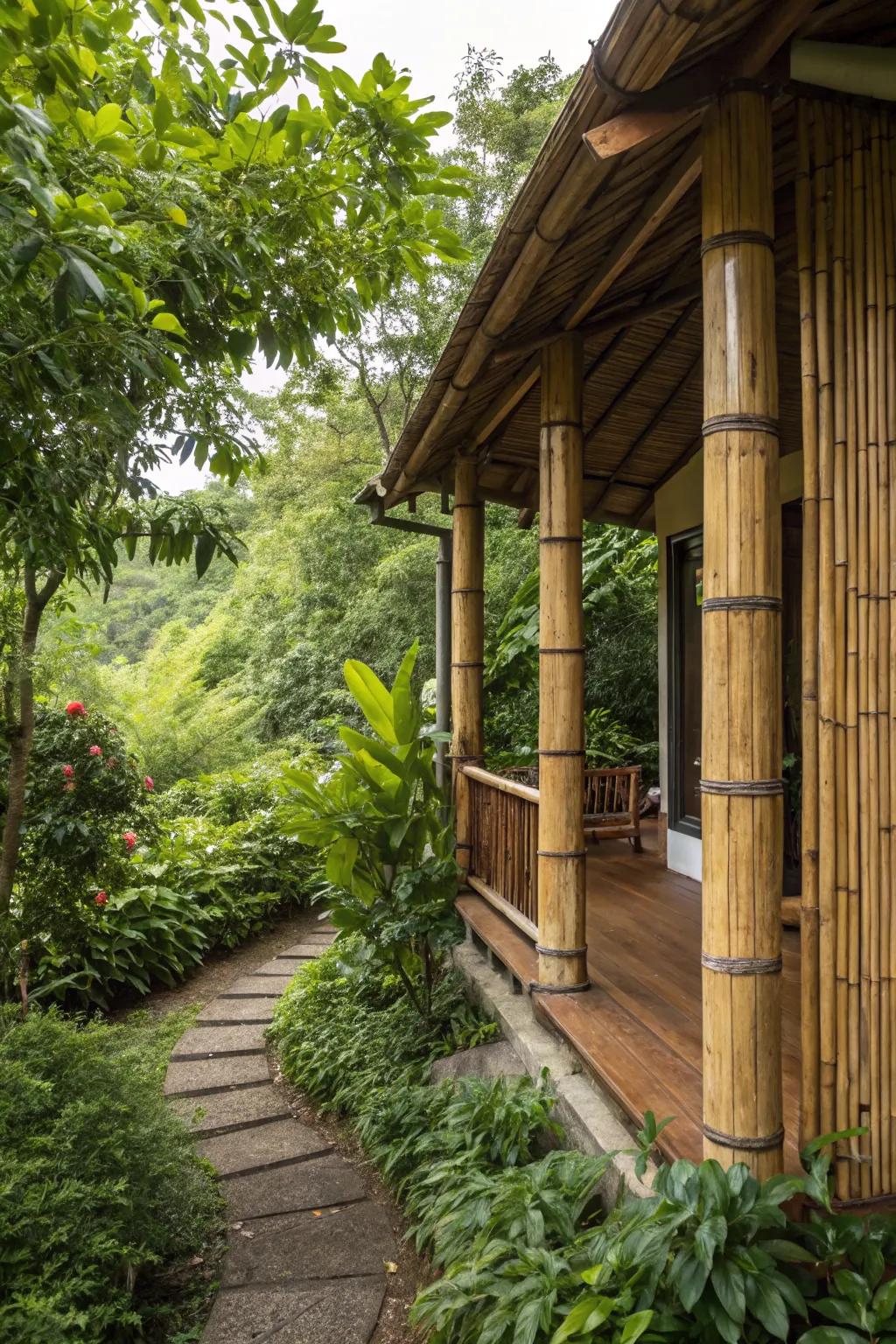 Bamboo columns offer an eco-friendly and unique aesthetic to this porch.